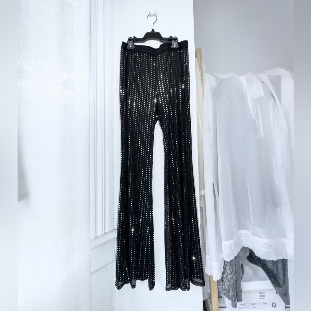 Black sheer mesh & silver rhinestone flare leg [L - XL]